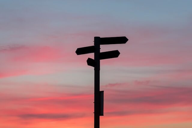 Silhouette of a road signage during golden hour Photo by Javier Allegue Barros on Unsplash